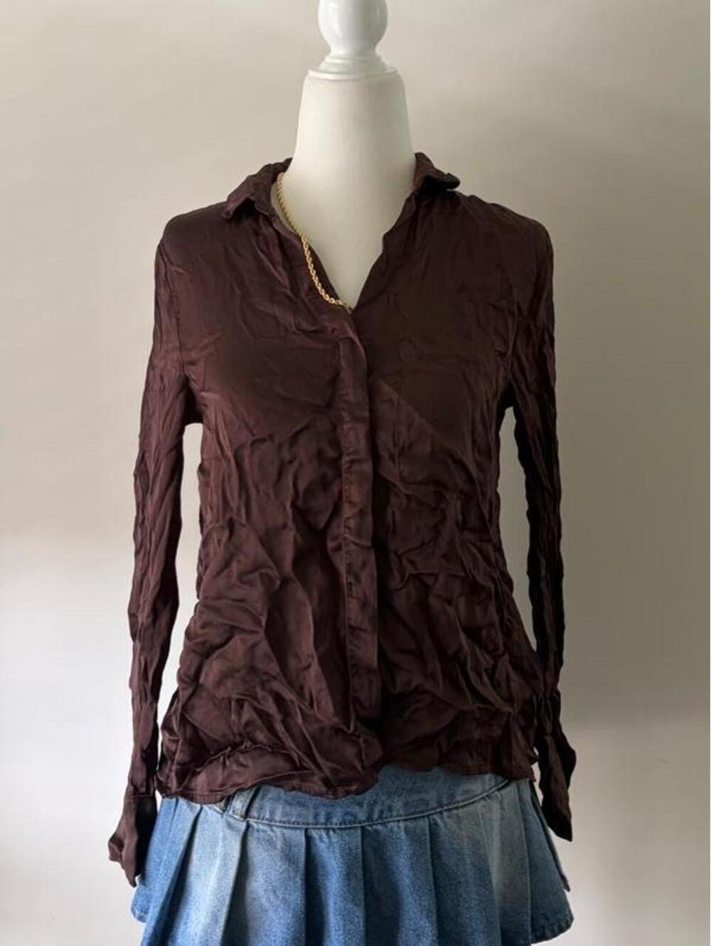 Y2K Young Fabulous & Broke Brown Satin Button Up Top | McBling Office Siren
